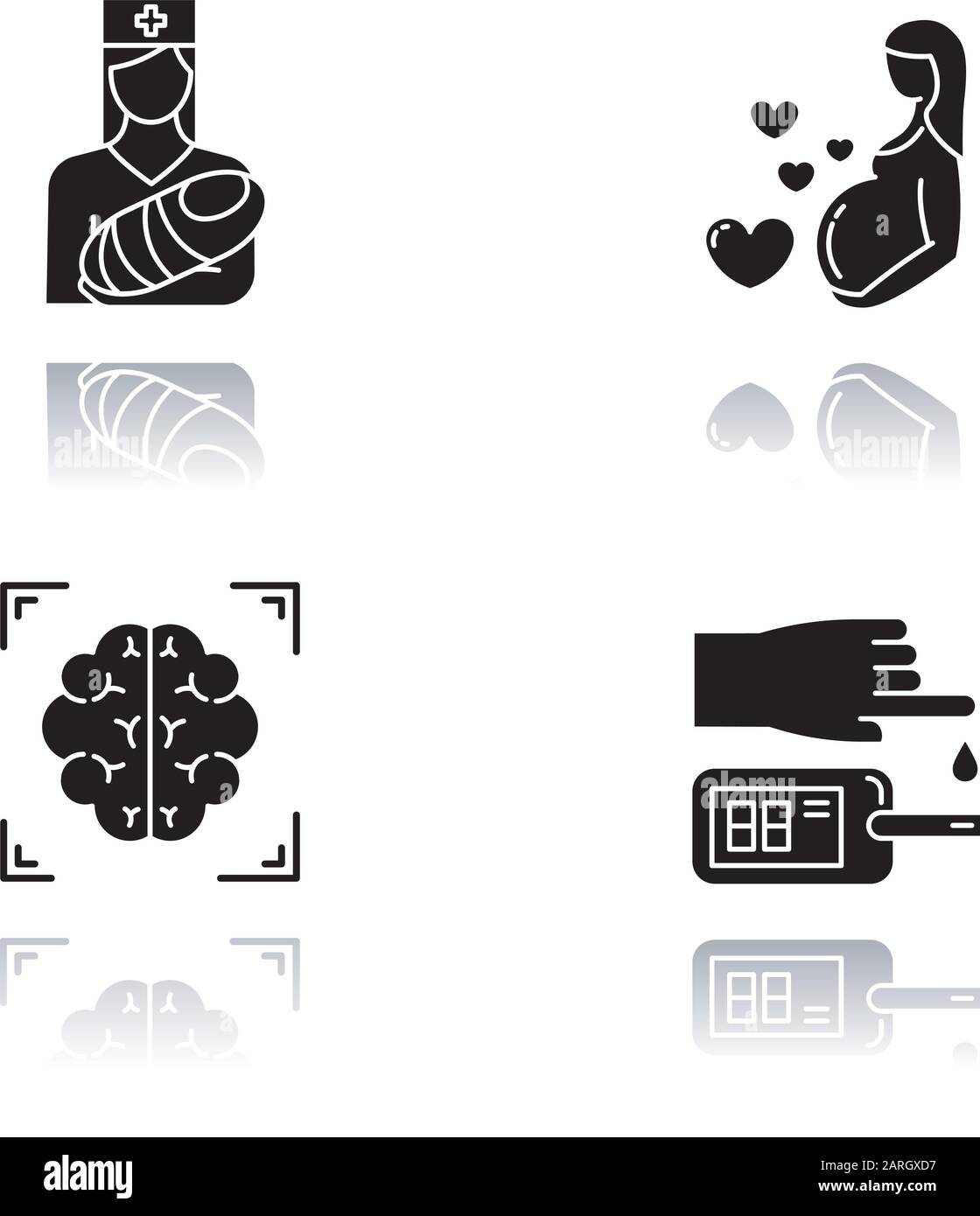 Procédure médicale ensemble d'icônes de glyphe noir à ombre portée. Pédiatrie et soins de grossesse. Acquisition cérébrale. Test sanguin. Santé. Maternité. Infirmière avec bébé. N Illustration de Vecteur