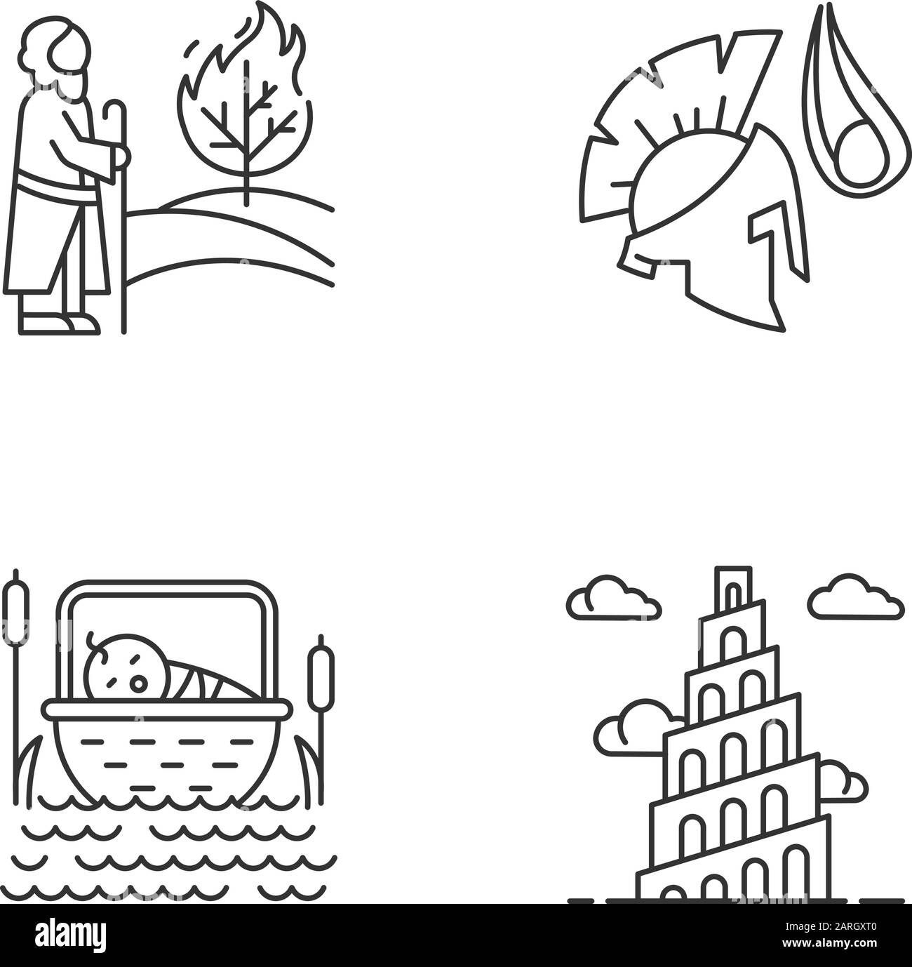 Jeux d'icônes linéaires de récits bibliques. La naissance de Moïse, David et Goliath, les mythes de la tour Babel. Histoires bibliques. Symboles de contour de ligne mince. vec isolé Illustration de Vecteur