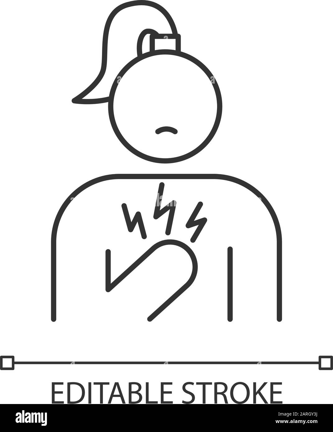 Icône linéaire douleur thoracique. Fille stressée. Femme anxieuse. Crise cardiaque. Symptôme du syndrome prémenstruel. Illustration de la ligne fine. Symbole de contour. Vecteur iso Illustration de Vecteur