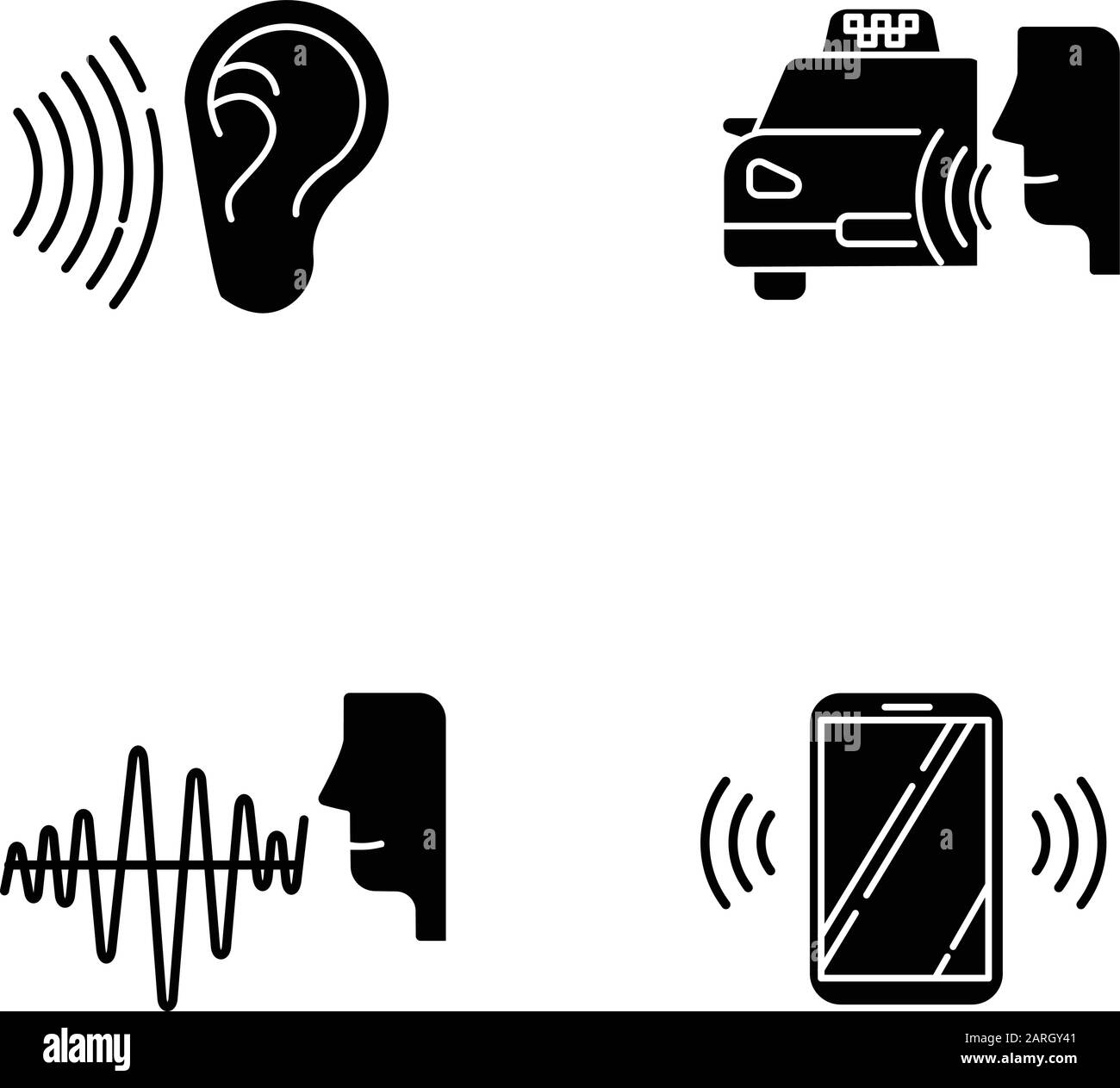 Jeu d'icônes de glyphe de reconnaissance vocale. Commande vocale. Soundwave, commande vocale, commande CAB. Système de réponse interactif. Parlez et écoutez. Silhouette symbo Illustration de Vecteur