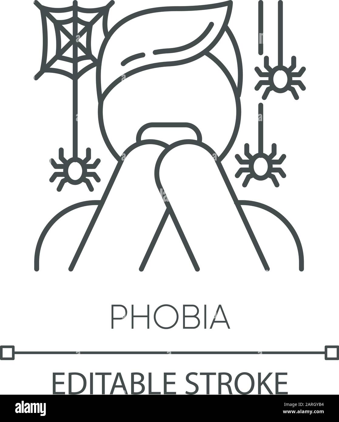 Icône linéaire de phobie. Peur des araignées. Arachnophobie. Personne effrayée, homme terrifié. Horreur. Trouble mental. Illustration de la ligne fine. Symbole de contour. Illustration de Vecteur