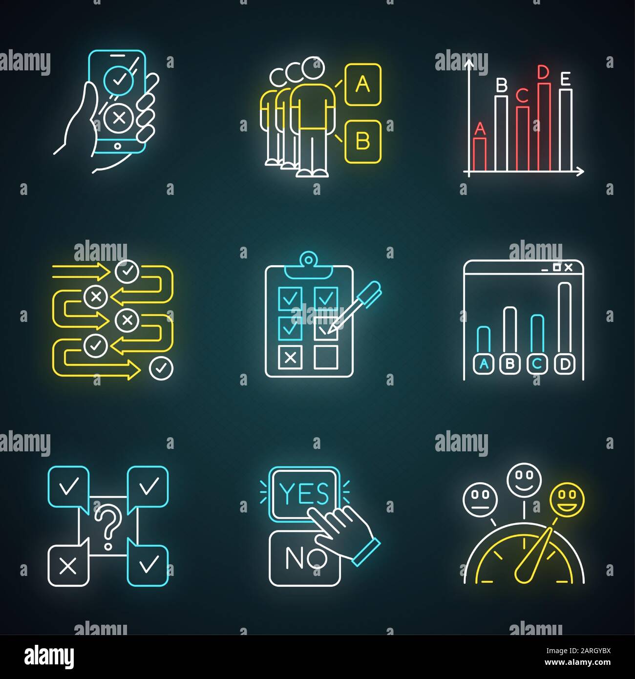 Jeu d'icônes de lumière néon de sondage. Sondage en ligne. Choisissez l'option. Sélectionnez réponse. Approuver, désapprouver. Opinion sociale. Sondage de masse. Test écrit. Infos statistiques Illustration de Vecteur