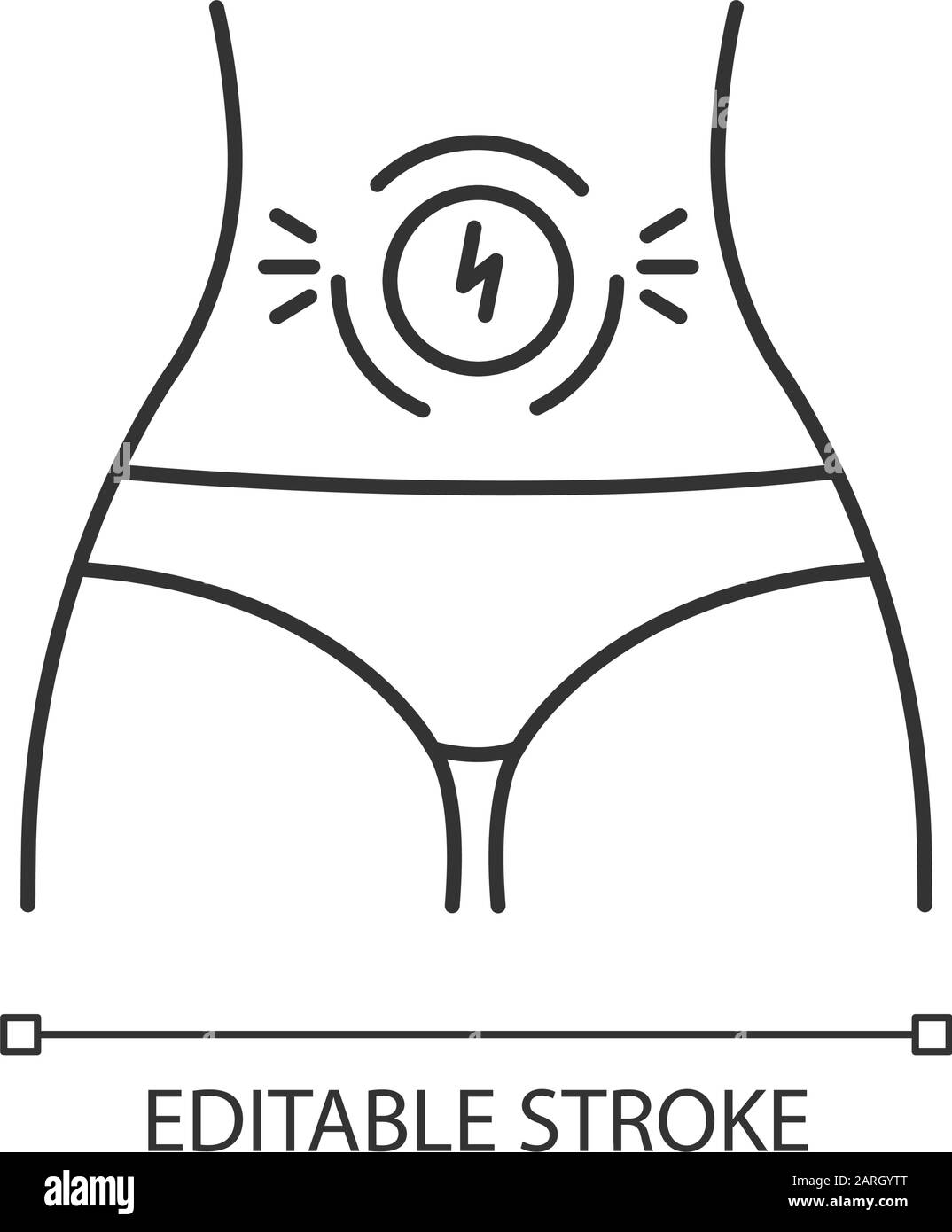 Icône linéaire douleur abdominale. Mal à l'estomac. Crampe de période, spasme menstruel. Symptôme du syndrome prémenstruel. Illustration de la ligne fine. Symbole de contour. Ve Illustration de Vecteur