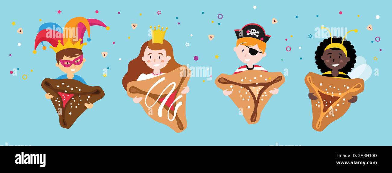 Joyeux Pourim, vacances juives. Invitation de bannière de costume avec groupe d'enfants avec costumes tenant la pâtisserie traditionnelle douce Illustration de Vecteur