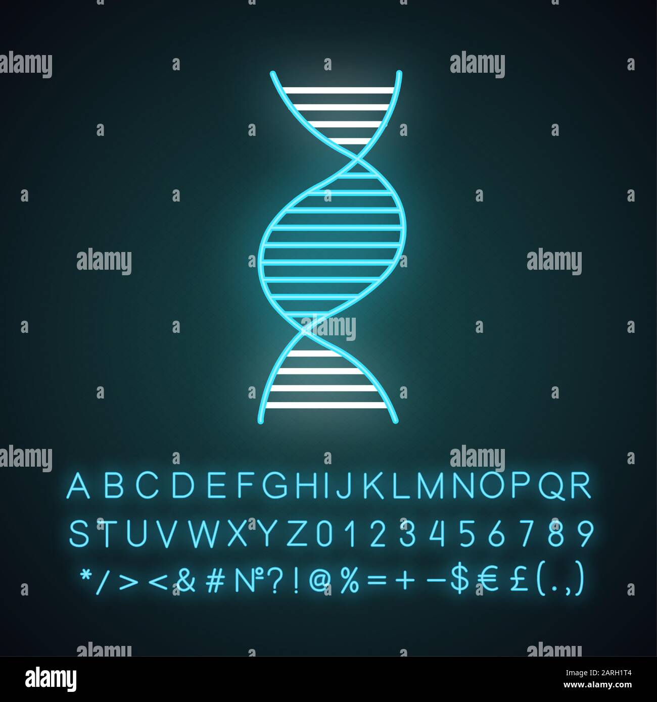 Icône de néon en hélice à ADN droite. ADN B. Désoxyribonucléique, acide nucléique. Biologie moléculaire. Code génétique. Génétique. Signe lumineux avec alphabet, Illustration de Vecteur