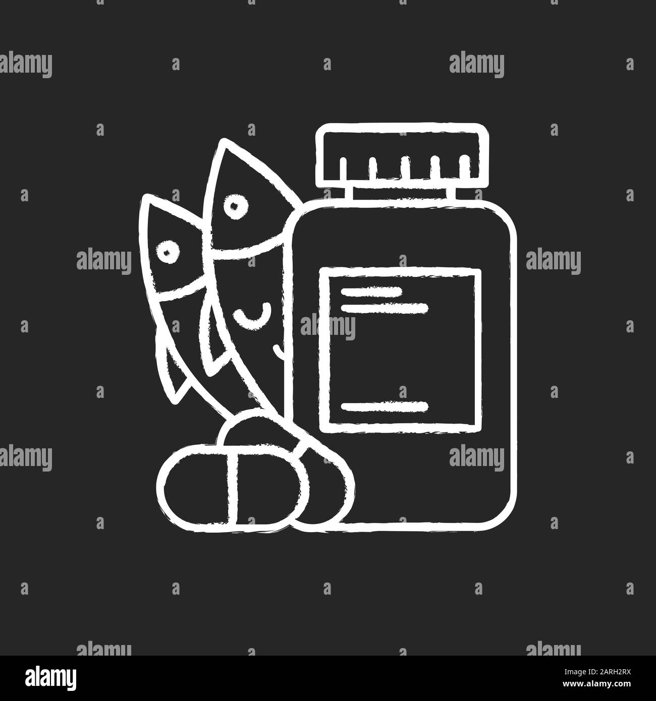 Icône de craie d'apport de vitamine. Approvisionnement en huile de poisson. Supplément Omega-3. Médicaments et pilules. Complexe multivitamine. Alimentation. Santé et nutrition. Pha Illustration de Vecteur