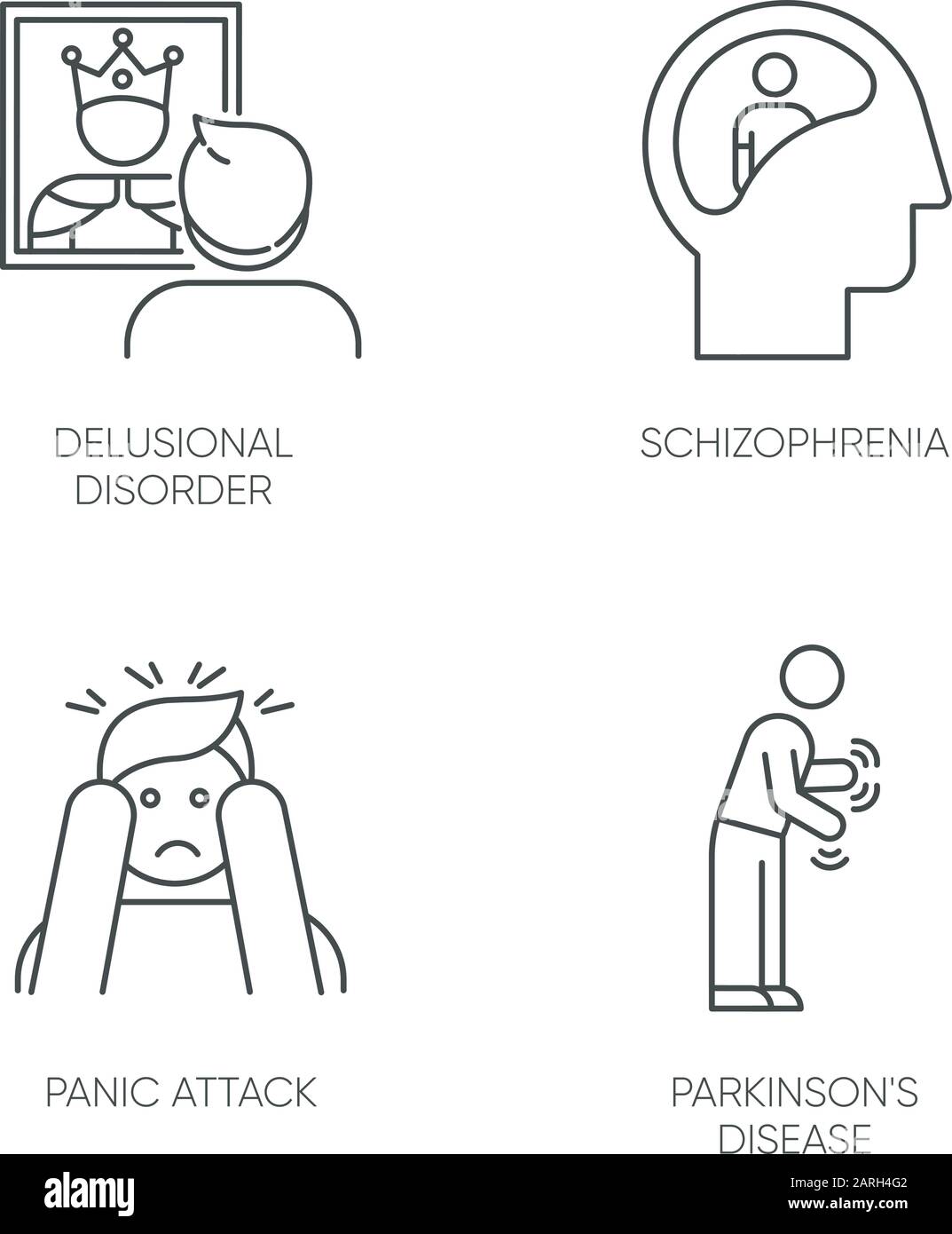 Ensemble d'icônes linéaires de troubles mentaux. Personne délirante. Schizophrénie. Attaque de panique. Maladie de Parkinson. Démence. Symboles de contour de ligne mince. vec isolé Illustration de Vecteur