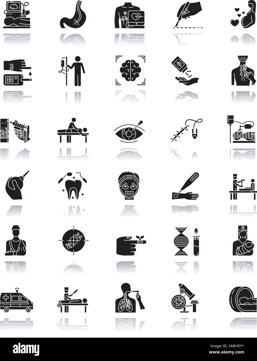 Procédure médicale ensemble d'icônes de glyphe noir à ombre portée. Chirurgie. Endoscopie. Soins de santé. Acquisition cérébrale. Premiers secours d'urgence. Test sanguin. Blessures. corr. Vision Illustration de Vecteur