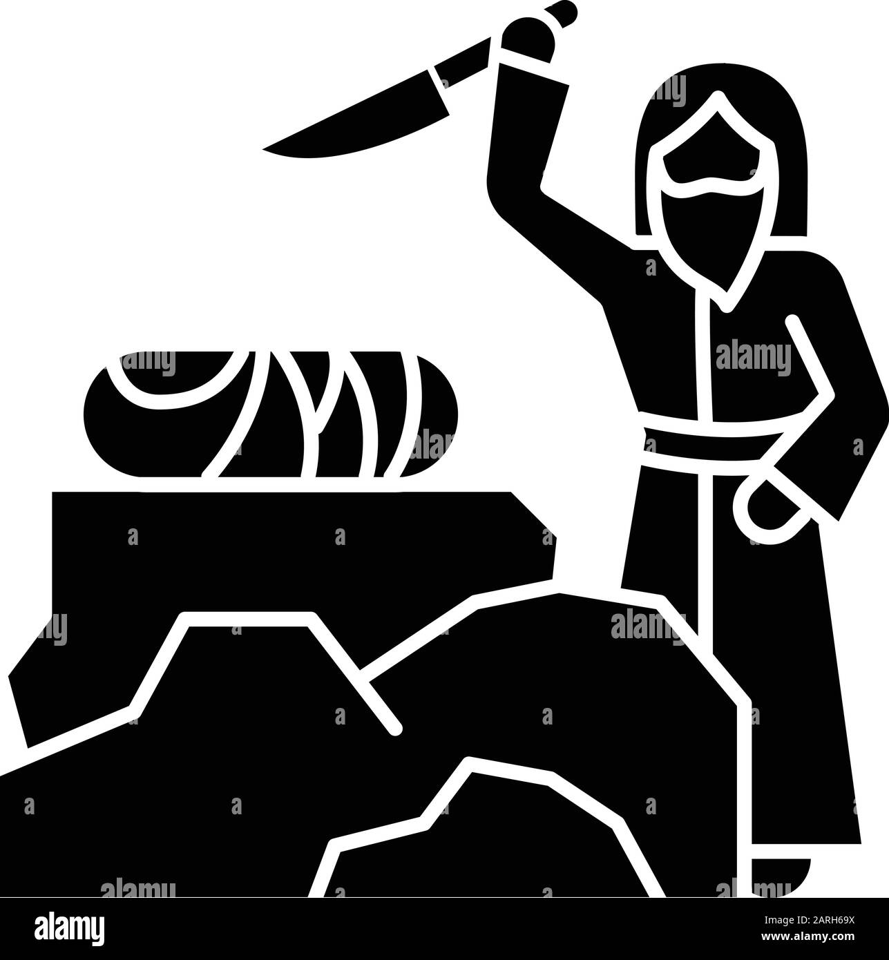 Liaison de l'icône de glyphe Isaac. Histoire de la Bible hébraïque. Abraham sacrifiant son autel de Moriah. Tracé de scène de livre Saint. Récit biblique. Symbole silhouette. Illustration de Vecteur