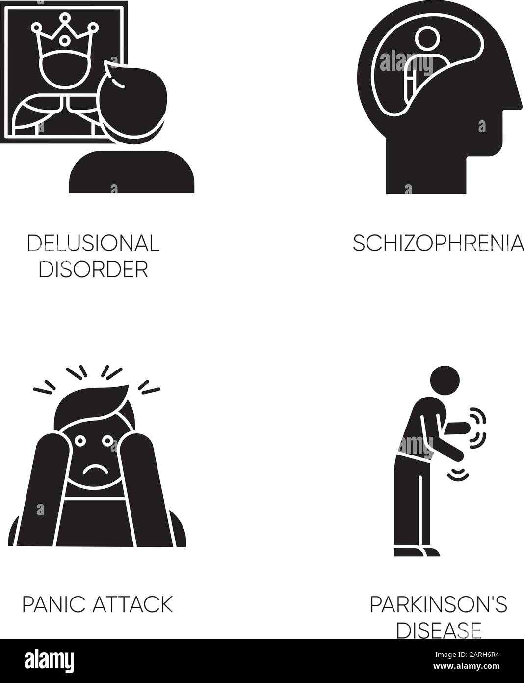 Ensemble d'icônes de glyphe de trouble mental. Personne délirante. Schizophrénie. Attaque de panique. Maladie de Parkinson. Mégalomanie. Démence. Tremblements en mouvement. Silhoue Illustration de Vecteur