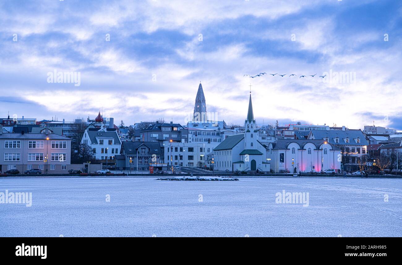 Reykjavik Islande architectural en hiver avec neige Banque D'Images