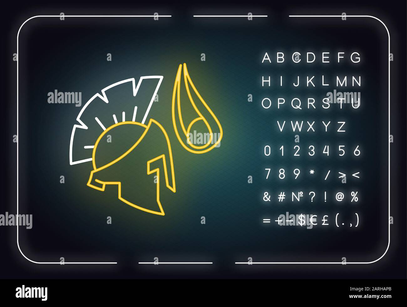 David et Goliath Bible histoire néon icône de lumière. Casque guerrier géant légendaire. Légende religieuse. Récit biblique. Signe lumineux avec alphabet, numbe Illustration de Vecteur