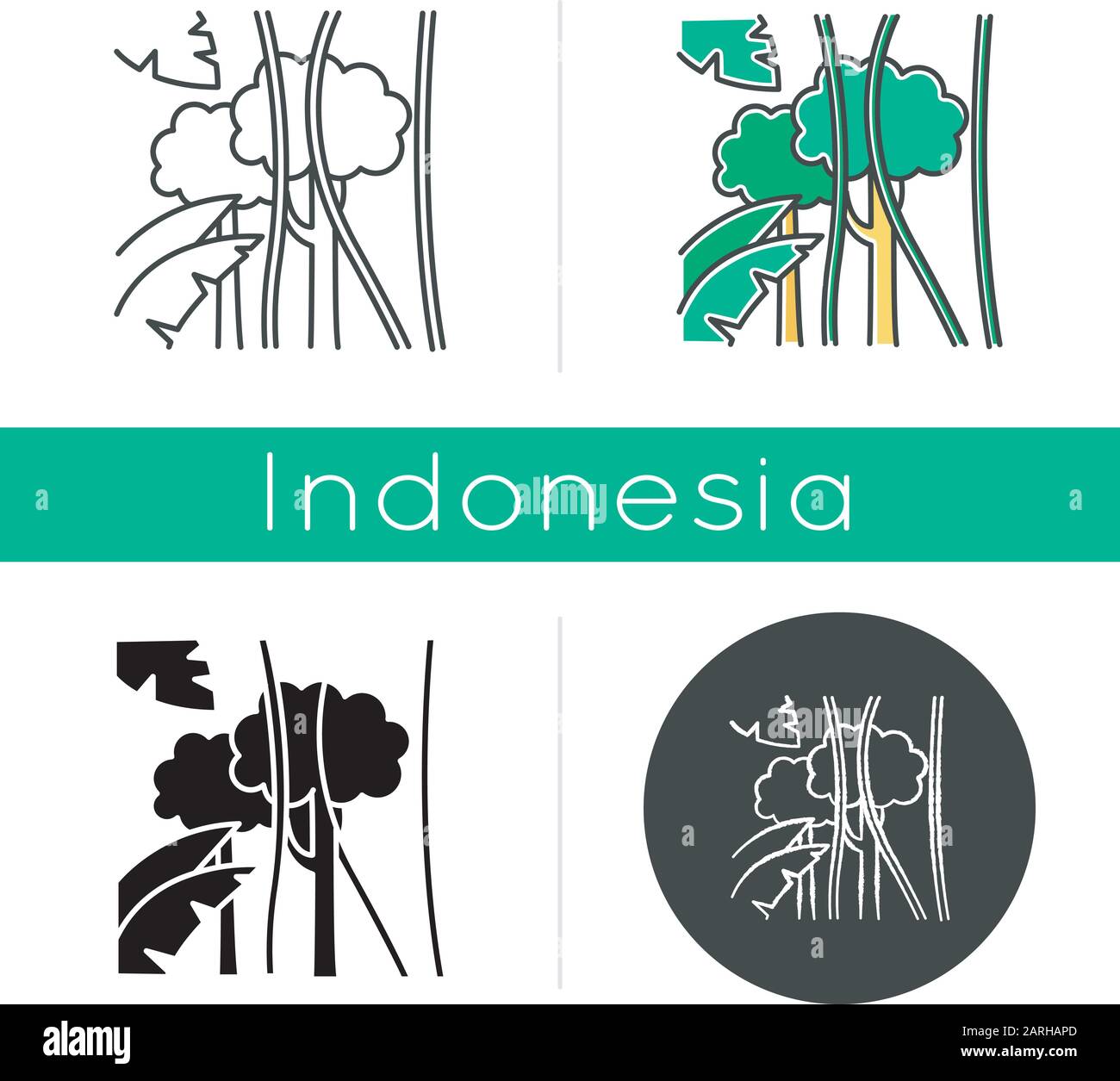 Icône de forêt tropicale. Arbres exotiques, plantes. La flore des îles indonésiennes. Verdure tropicale. Lianas de jungle, arbres et feuilles de palmiers. Linéaire, noir, craie et Illustration de Vecteur