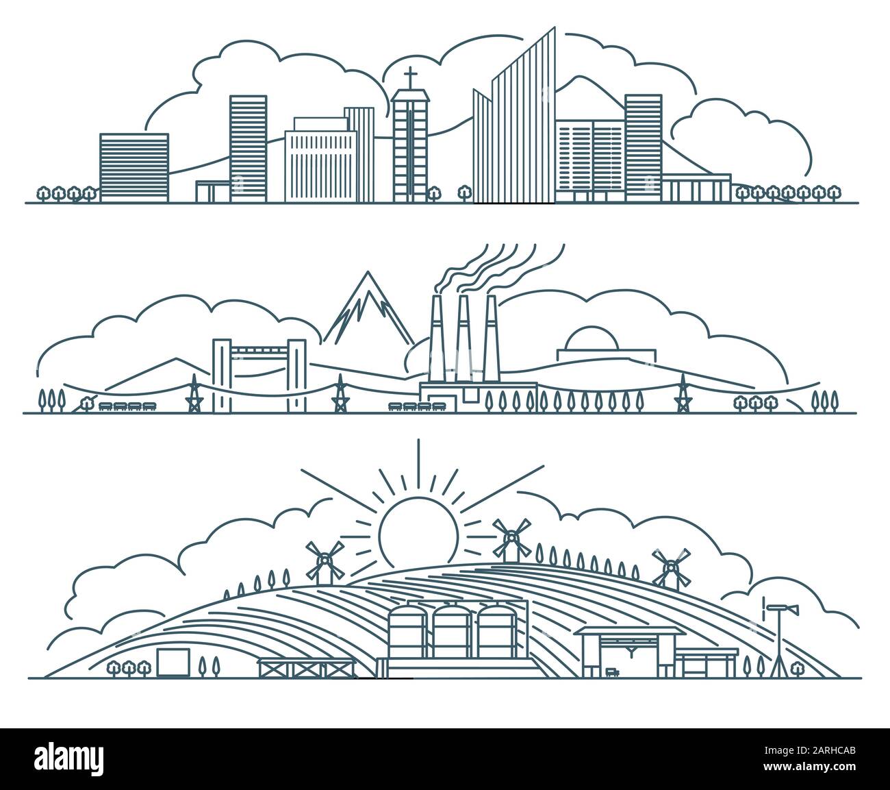 Ensemble d'icônes linéaires de paysage urbain Illustration de Vecteur