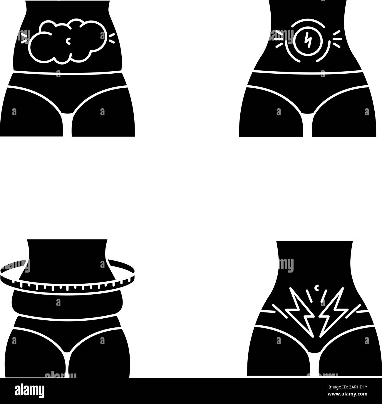 Jeu d'icônes de glyphe de douleur abdominale. Ballonnements et flatulences. Gain de poids pour femme. Mal à l'estomac. Syndrome prémenstruel. Maladie et maladie. Silhoue Illustration de Vecteur