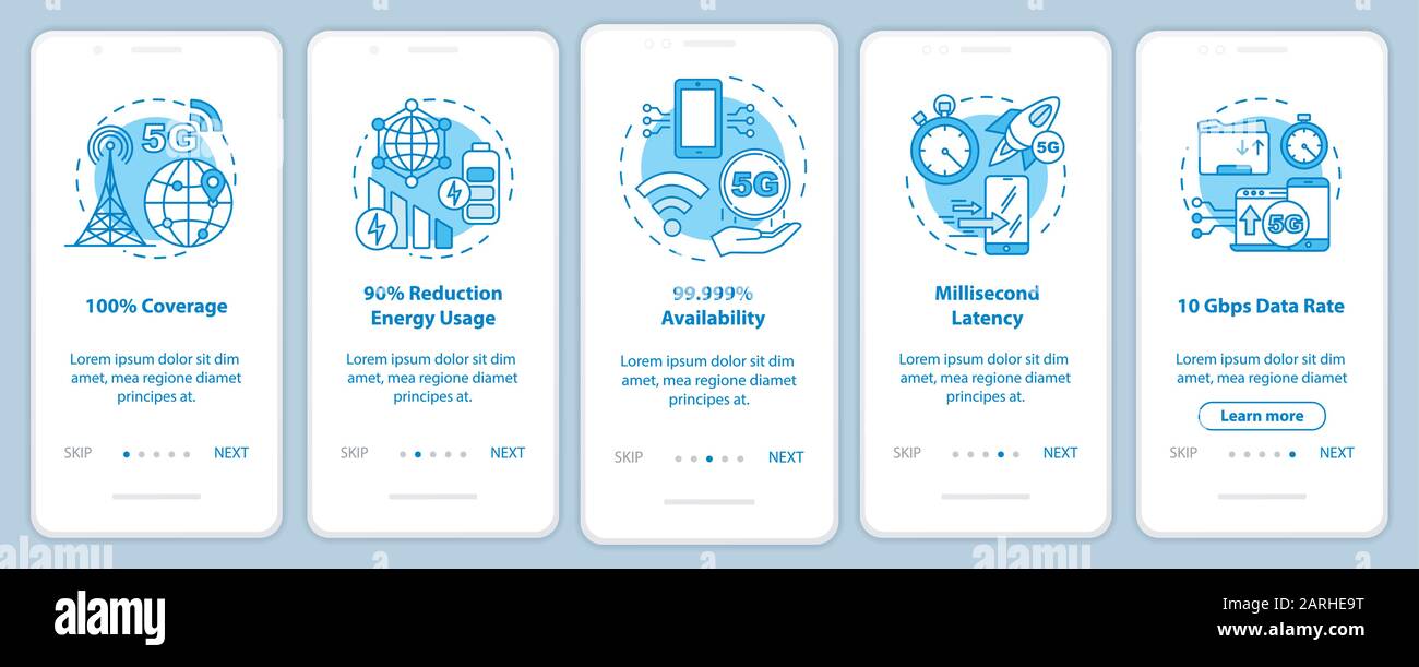 5 G technologies intégration de l'écran de la page des applications mobiles avec des concepts linéaires. couverture à 100 %. Latence en millisecondes. Cinq étapes de présentation des instructions graphiques Illustration de Vecteur