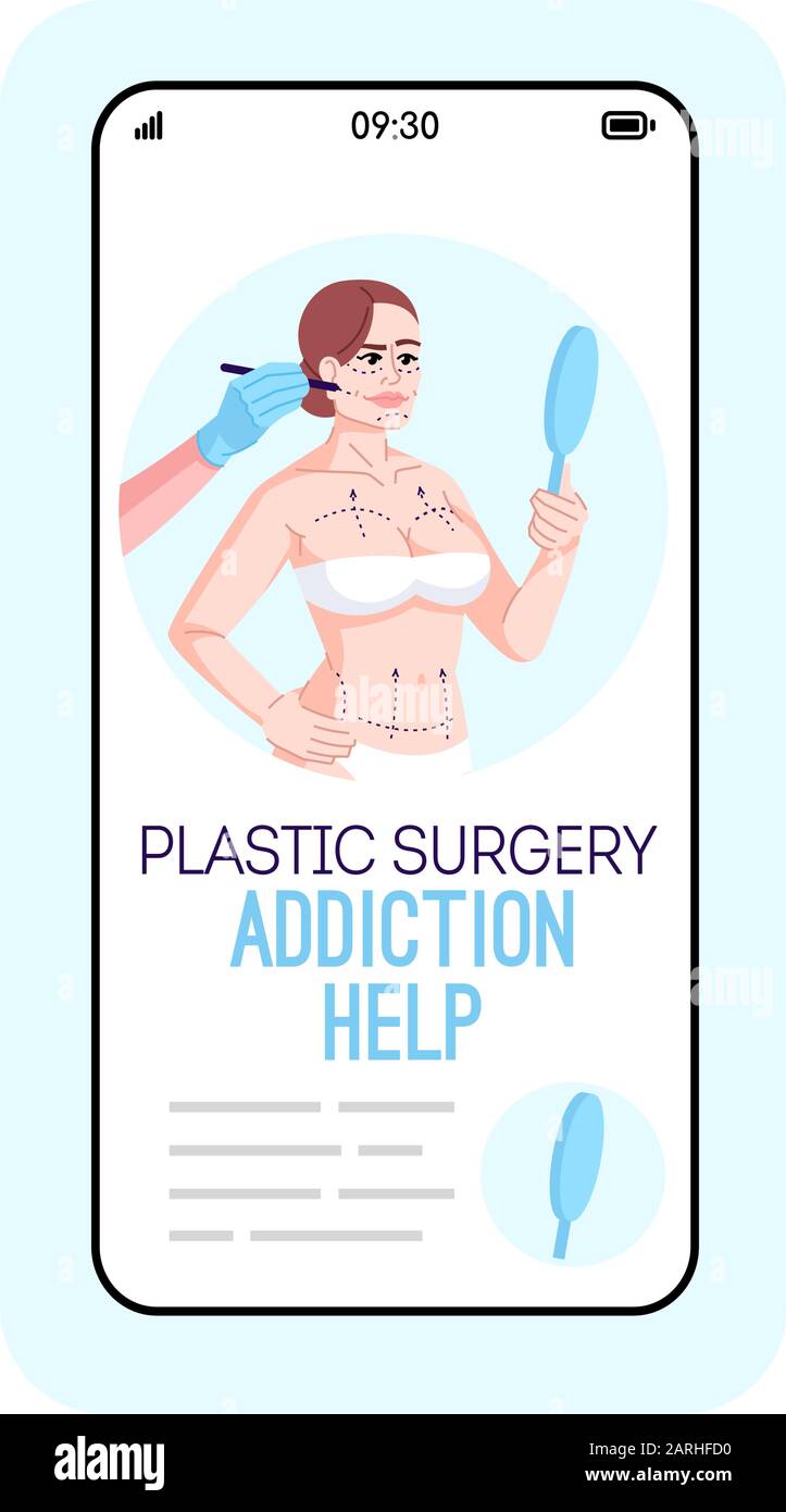 La dépendance à la chirurgie plastique aide l'écran d'application vectoriel de smartphone de dessin animé. Les écrans de téléphones portables sont dotés d'une maquette à motif plat. Habitude compulsive disorde Illustration de Vecteur