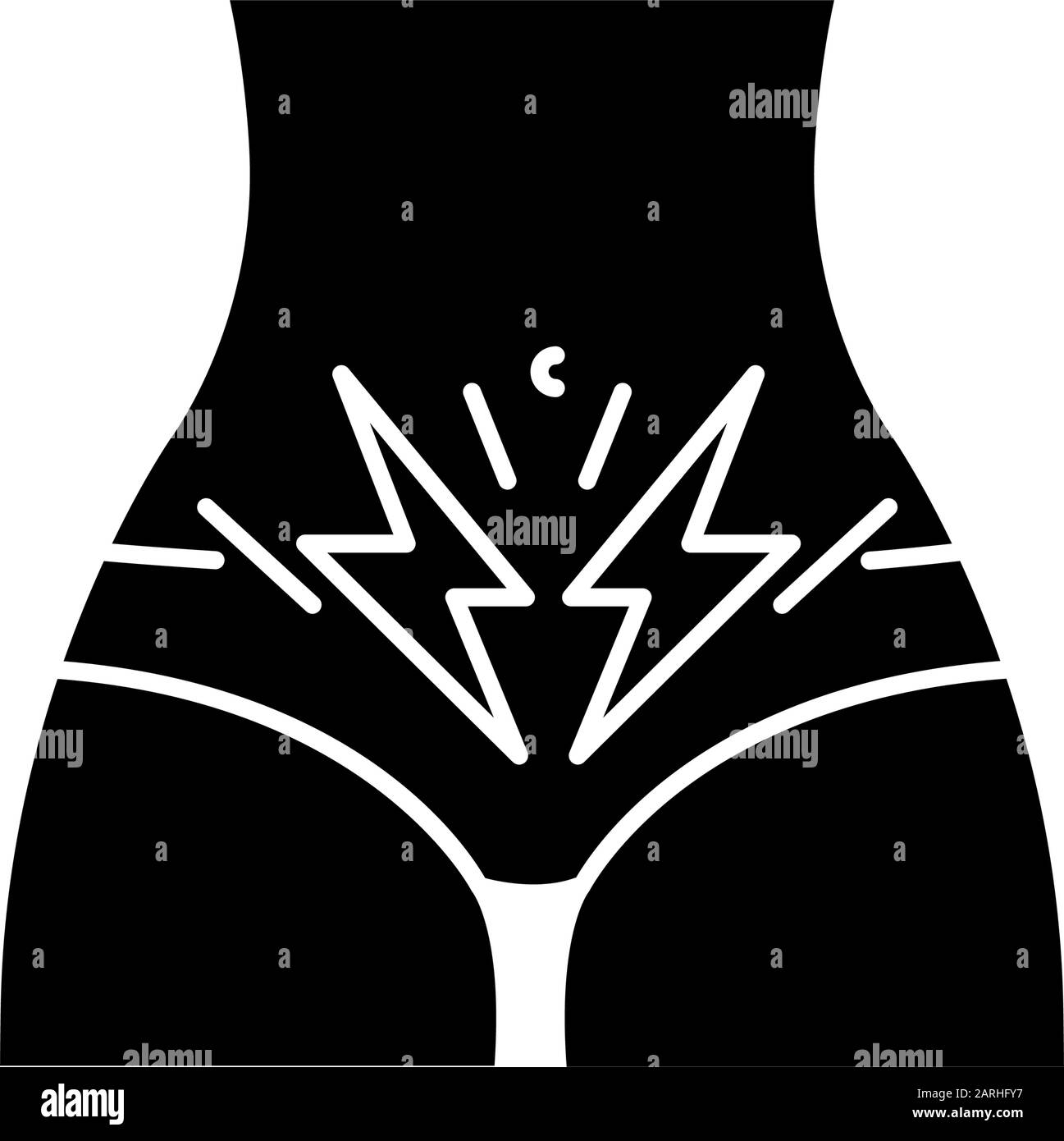 Icône de glyphe de crampe. Douleurs abdominales menstruelles. Syndrome prémenstruel. Symptôme de période. Douleur d'estomac des femmes. Diarrhée, constipation. Symbole silhouette. Ne Illustration de Vecteur