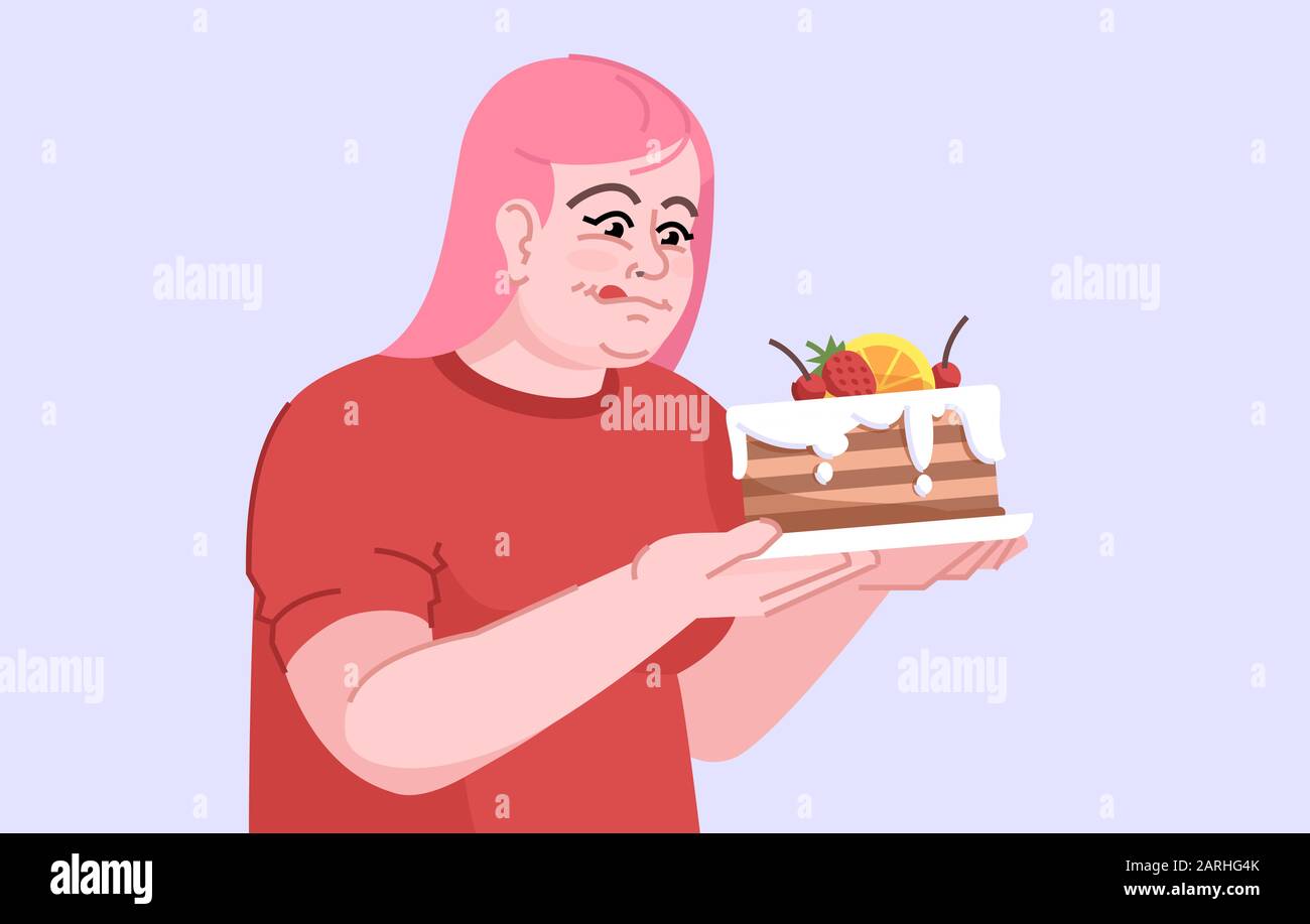 Femme dépendante du sucre illustration vectorielle couleur plate. Choix nutritionnels. La Gluttonie. Régime alimentaire malsain. Surpoids caucasien fille avec gâteau isolé bande dessinée Illustration de Vecteur