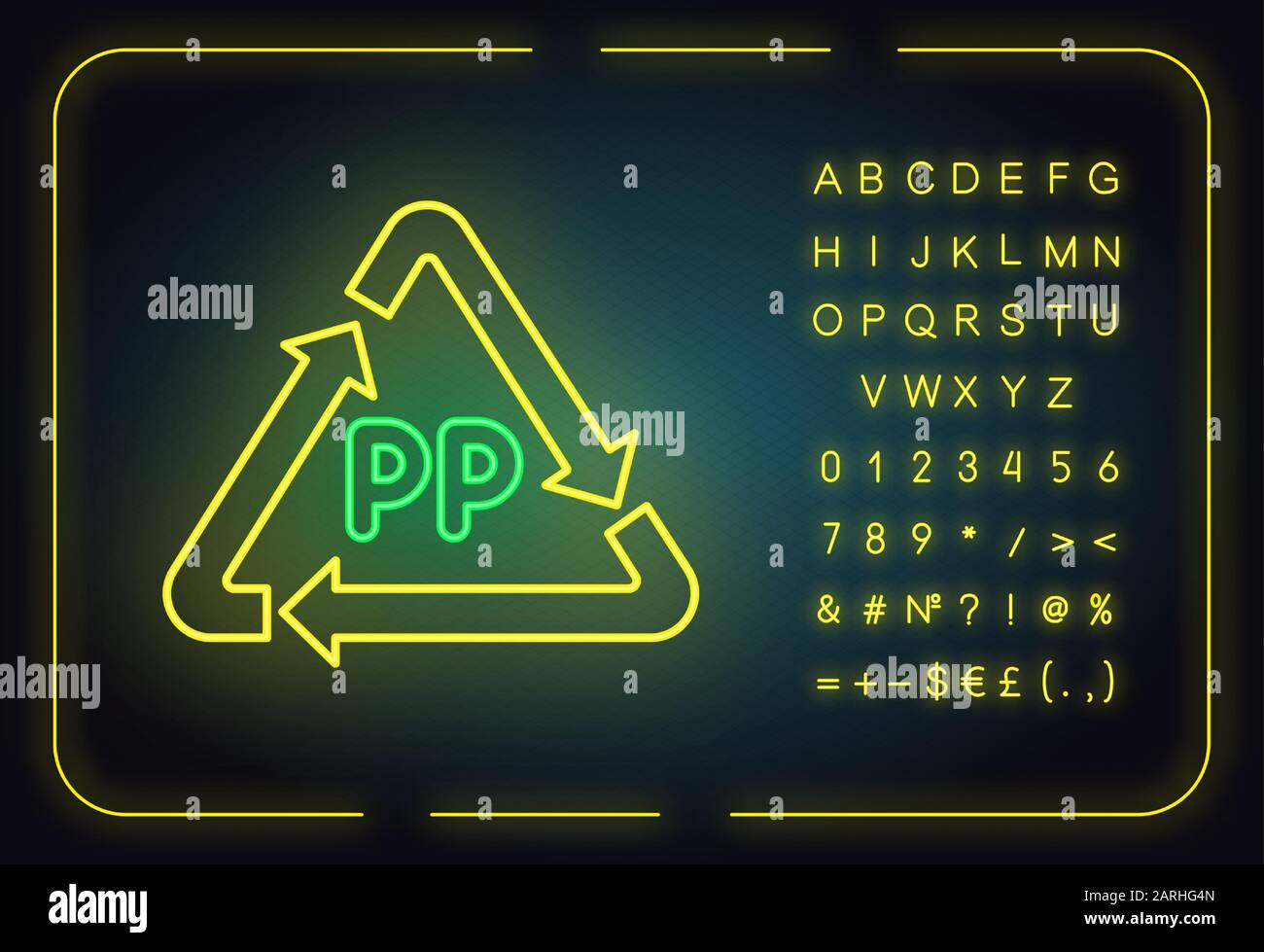 Symbole PP néon icône. Marquage polymère thermoplastique. Code d'identification de la résine. Triangle de flèche. Chimie organique. Signe lumineux avec alphabet, nu Illustration de Vecteur