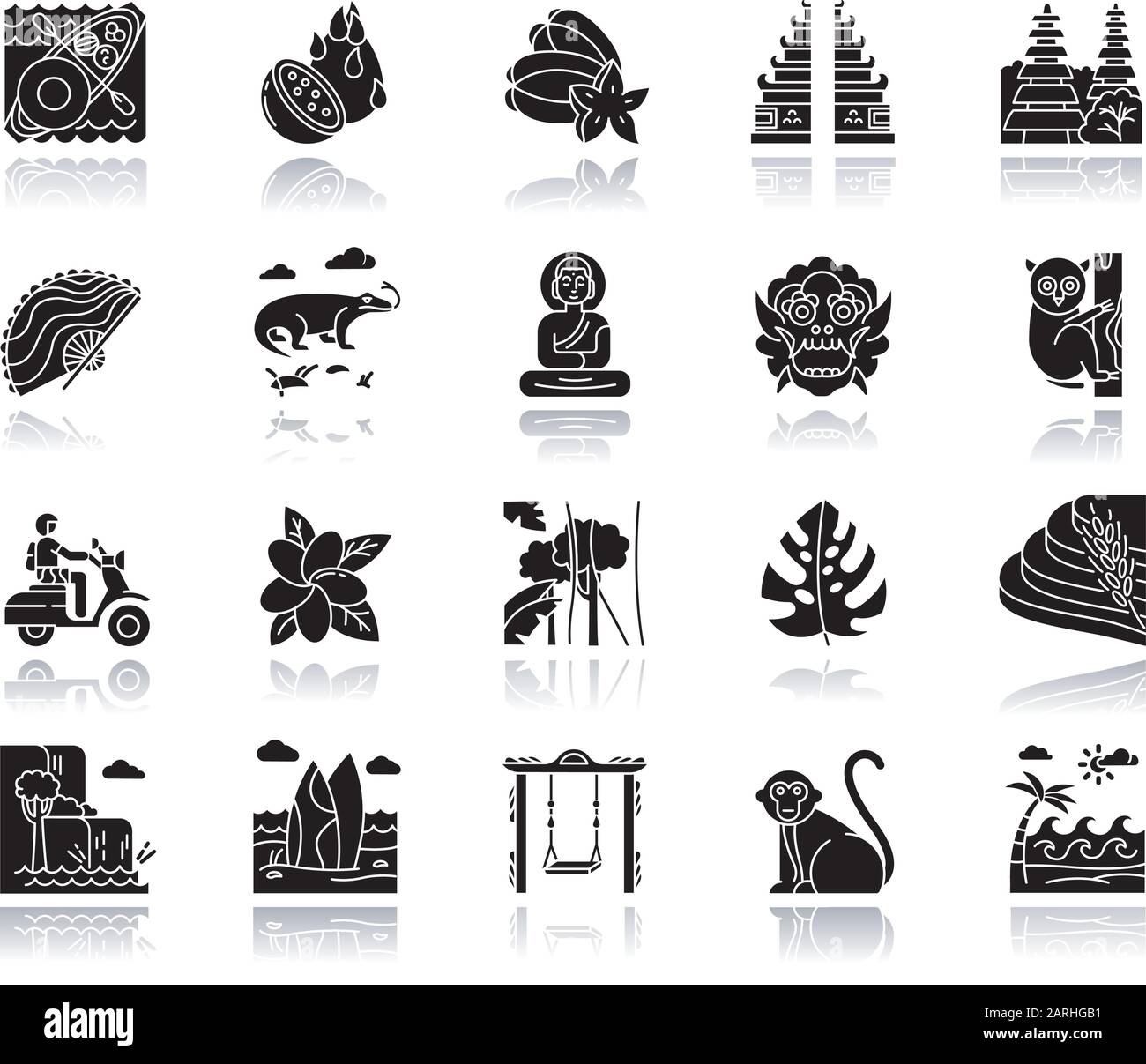 Indonésie ombre de goutte noir glyphe icônes jeu. Animaux de pays tropicaux. Voyage aux îles indonésiennes. Culture exotique. Fruits uniques, plantes. La nature et un Illustration de Vecteur