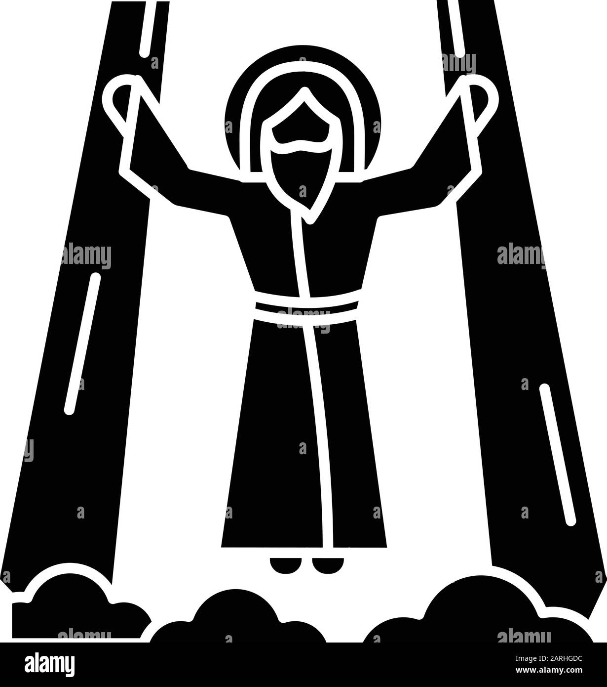 Ascension de l'icône glyphe de Jésus-Christ. Le Messie, fils de dieu qui s'élève sur le nuage dans la lumière divine. Sauveur dans le ciel. Histoire de pâques de la Bible. Silhouette symbo Illustration de Vecteur