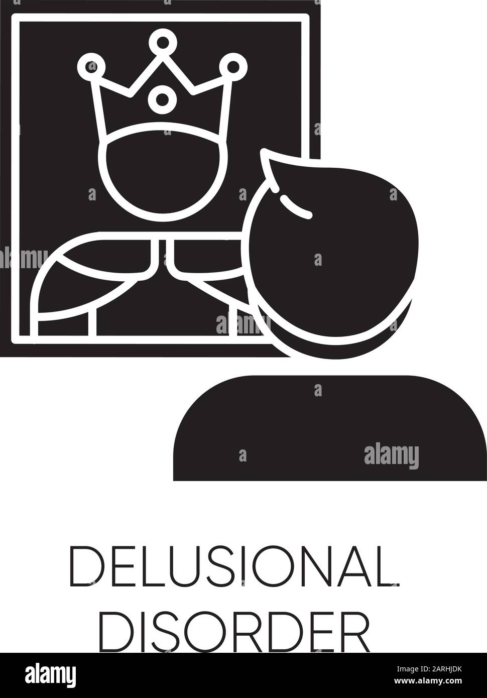 Icône glyphe trouble délirant. L'homme dans la réflexion miroir. Bizzare et fausses croyances. Illusion optique. Mégalomanie. . Maladie mentale. Silhouette symbo Illustration de Vecteur