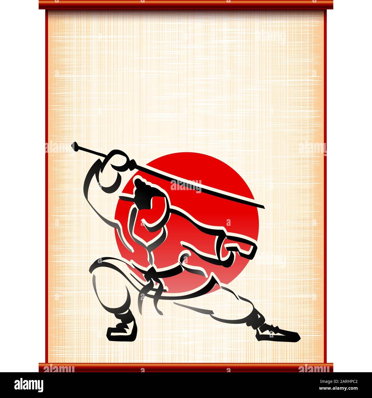 Samurai sur le fond du parchemin ancien dans la lutte contre le katana; sports traditionnels art martial asiatique; Dessin À La Main noir style encre Illustration de Vecteur