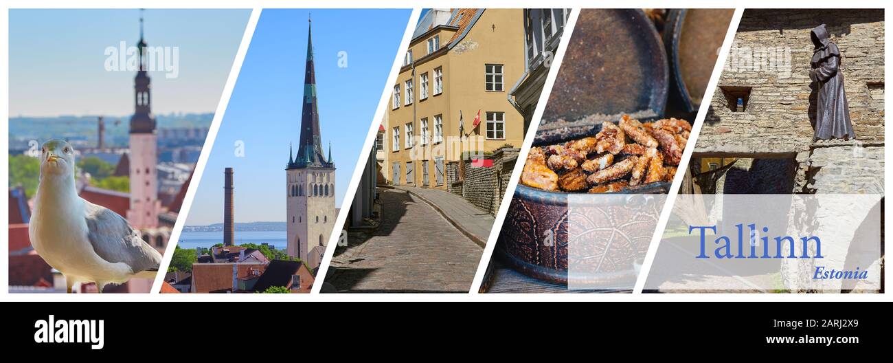 Bannière horizontale avec un collage de 5 images des sites de Tallinn, Estonie Banque D'Images