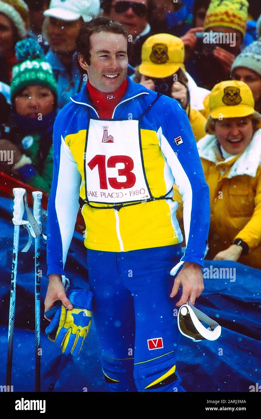 Ingmar Stenmark, de Suède, a remporté la médaille d'or aux slalom et au slalom géant aux Jeux olympiques d'hiver de 1980 Banque D'Images