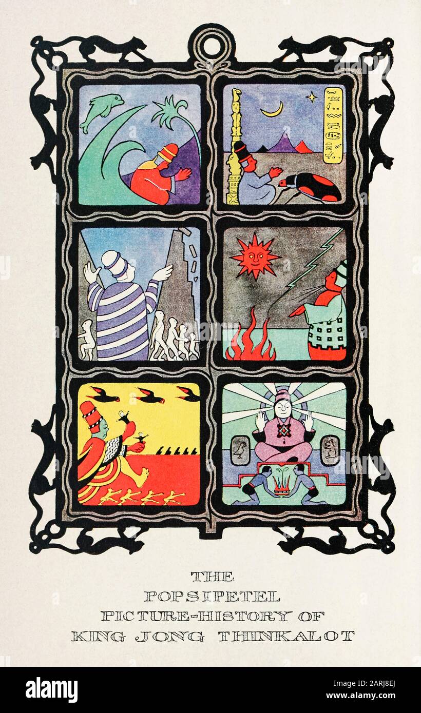 «The Popsipetel Picture-History of King Jong Thinkalot» frontispiece illustration des voyages du docteur Dolittle (1922) écrit et illustré par Hugh Lofting (1886-1947). Le deuxième roman sur un docteur qui peut parler aux animaux. Voir plus d'informations ci-dessous. Banque D'Images