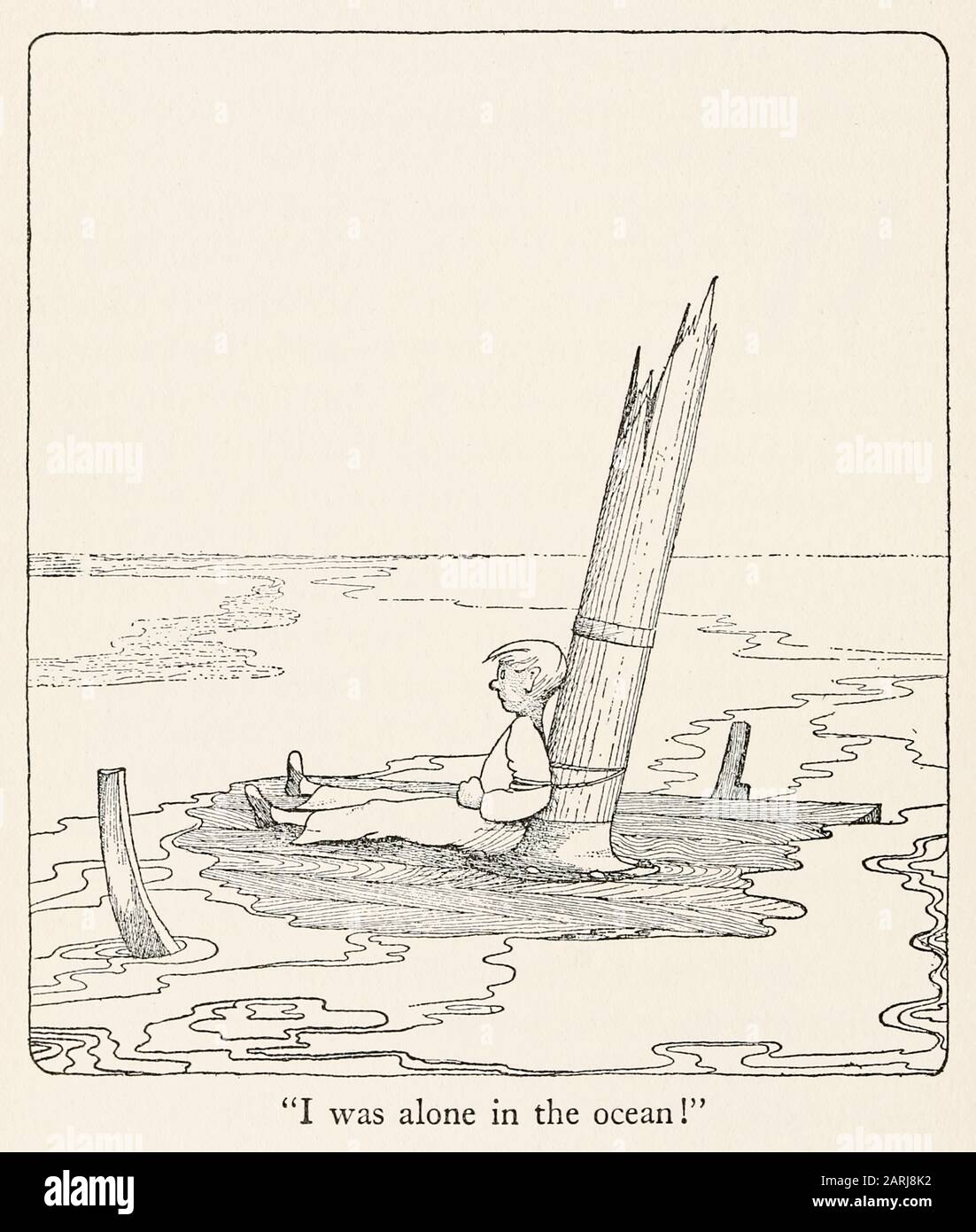 « J'étais seul dans l'océan ! » illustration des Voyages du docteur Dolittle (1922) écrite et illustrée par Hugh Lofting (1886-1947). Le deuxième roman sur un docteur qui peut parler aux animaux. Voir plus d'informations ci-dessous. Banque D'Images