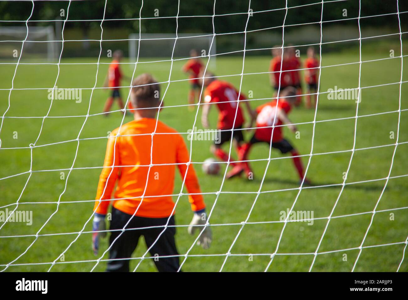 Le gardien de but saisit le ballon. Objectif net en cours. Compétition sportive. Football pour enfants sur le terrain. Développement physique. Sport pour enfants. Traîneaux Banque D'Images