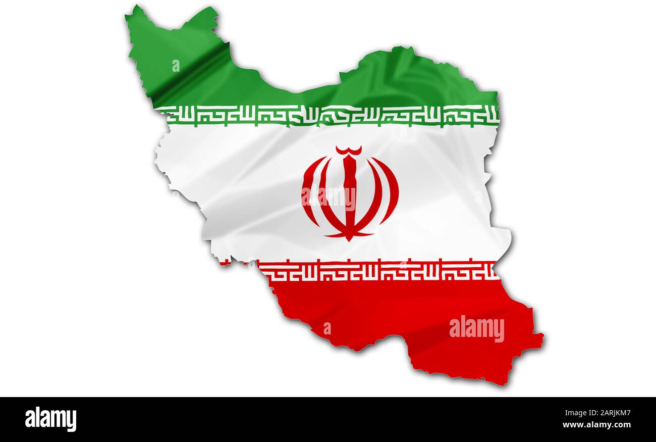 Drapeau iranien sur la carte politique, isolé sur fond blanc. Illustration de la frontière tridimensionnelle du drapeau de la République islamique d'Iran. Banque D'Images