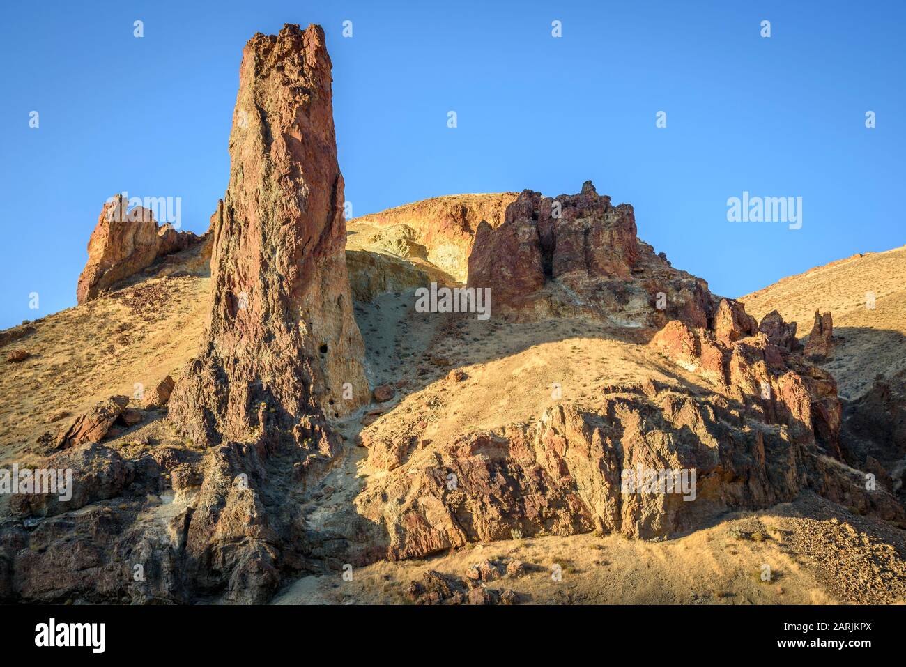 Formations rocheuses de tuf à flux de cendres de rhyolite volcanique montrant une érosion différentielle à Leslie Gulch, dans le sud-est de l'Oregon. Banque D'Images