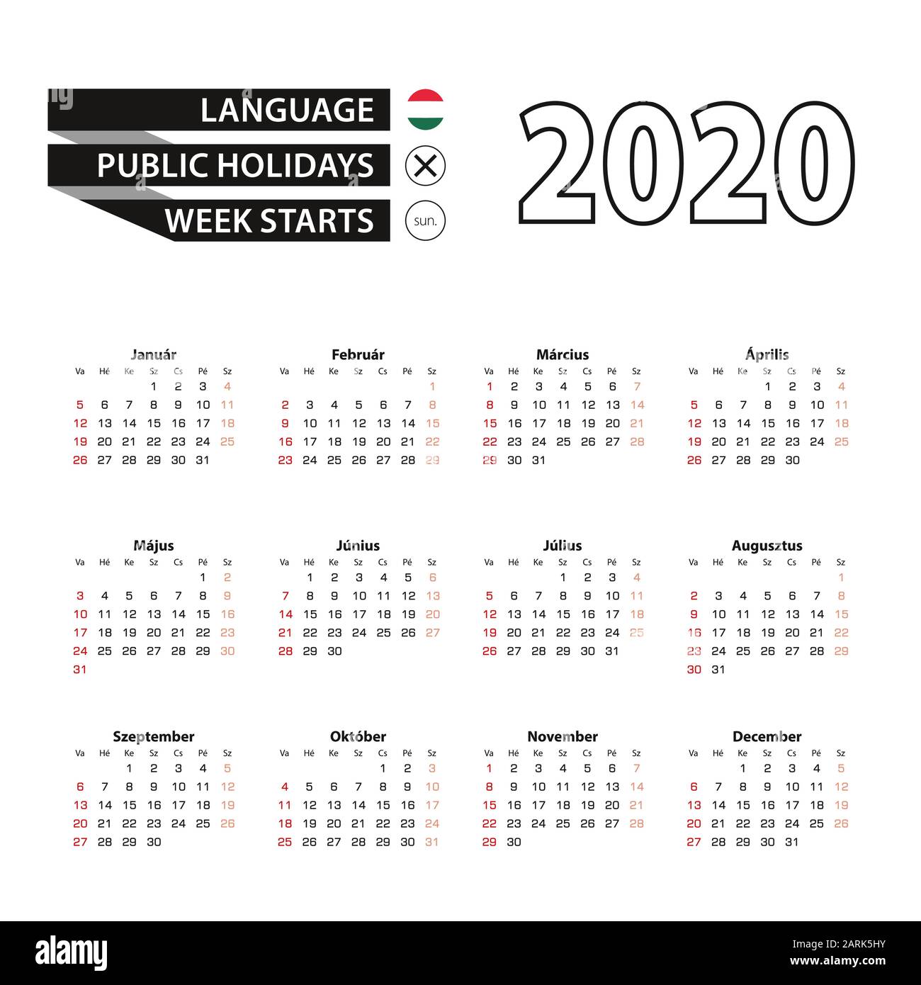 Calendrier 2020 en langue hongroise, la semaine commence le dimanche. Illustration Vectorielle. Illustration de Vecteur