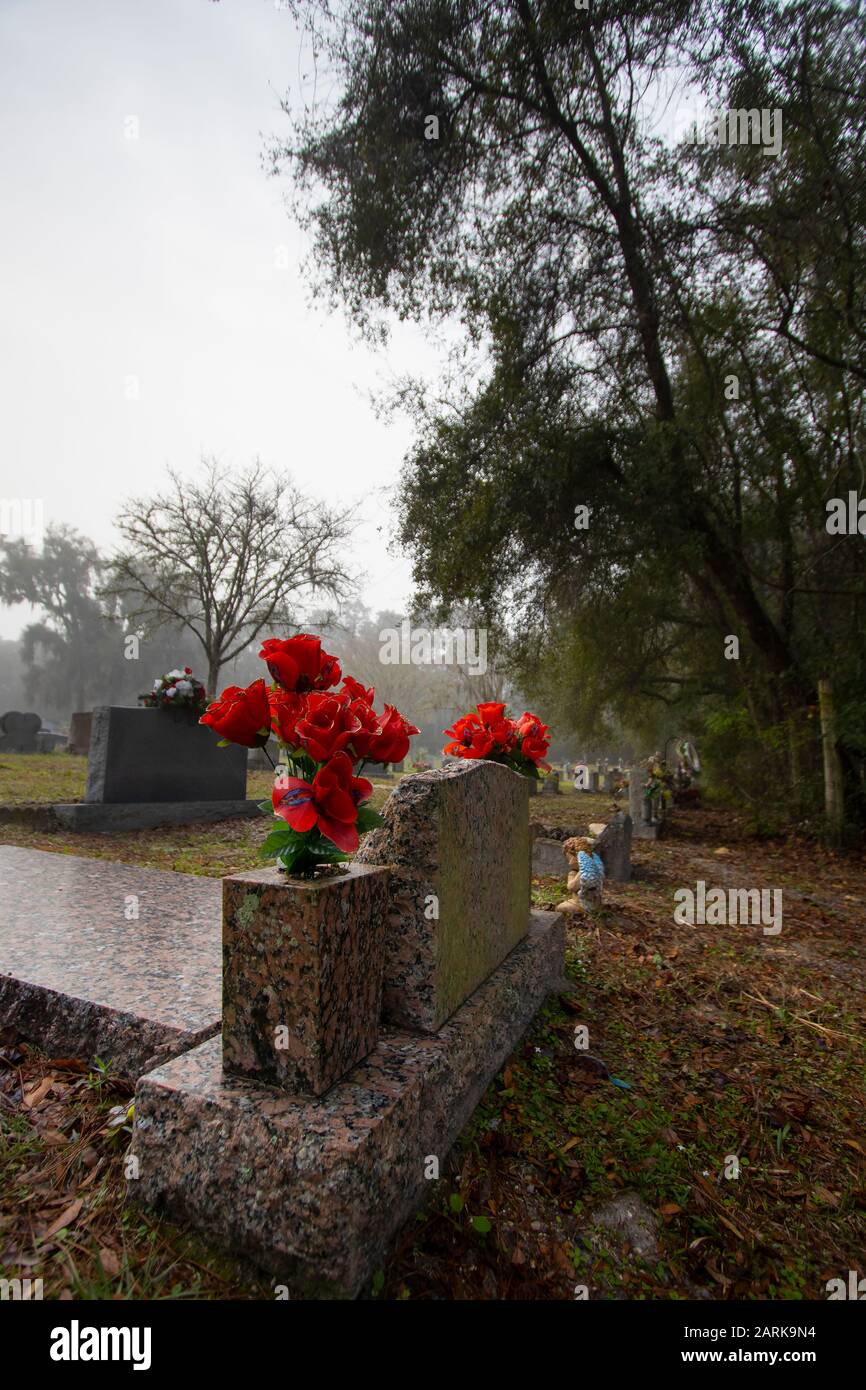Fleurs sur une pierre tombale dans un épais brouillard dans un cimetière Banque D'Images