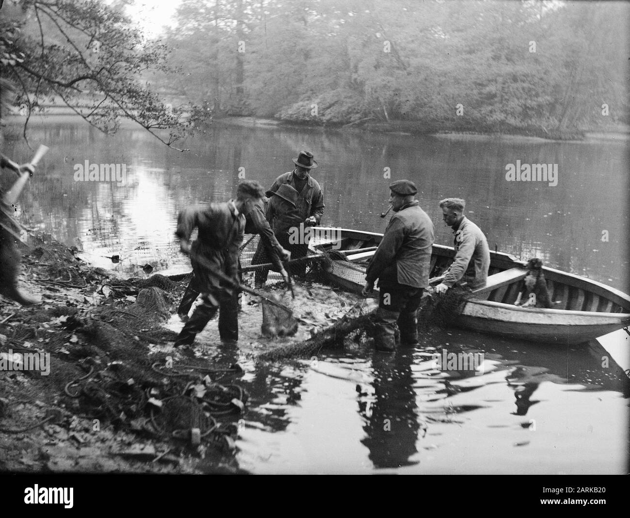[Les poissons sont pris de l'étang dans le parc Sonsbeek à Arnhem] Date: Non daté lieu: Arnhem, Gelderland mots clés: Pêche, parcs, étangs Banque D'Images