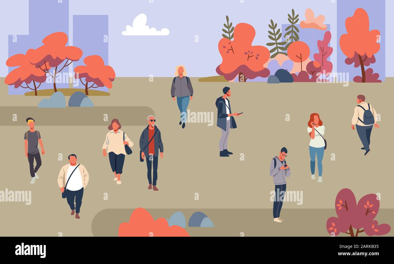 Les gens dans le parc d'automne. Placez des hommes et des femmes occasionnels dans la forêt à l'illustration vectorielle d'automne Illustration de Vecteur
