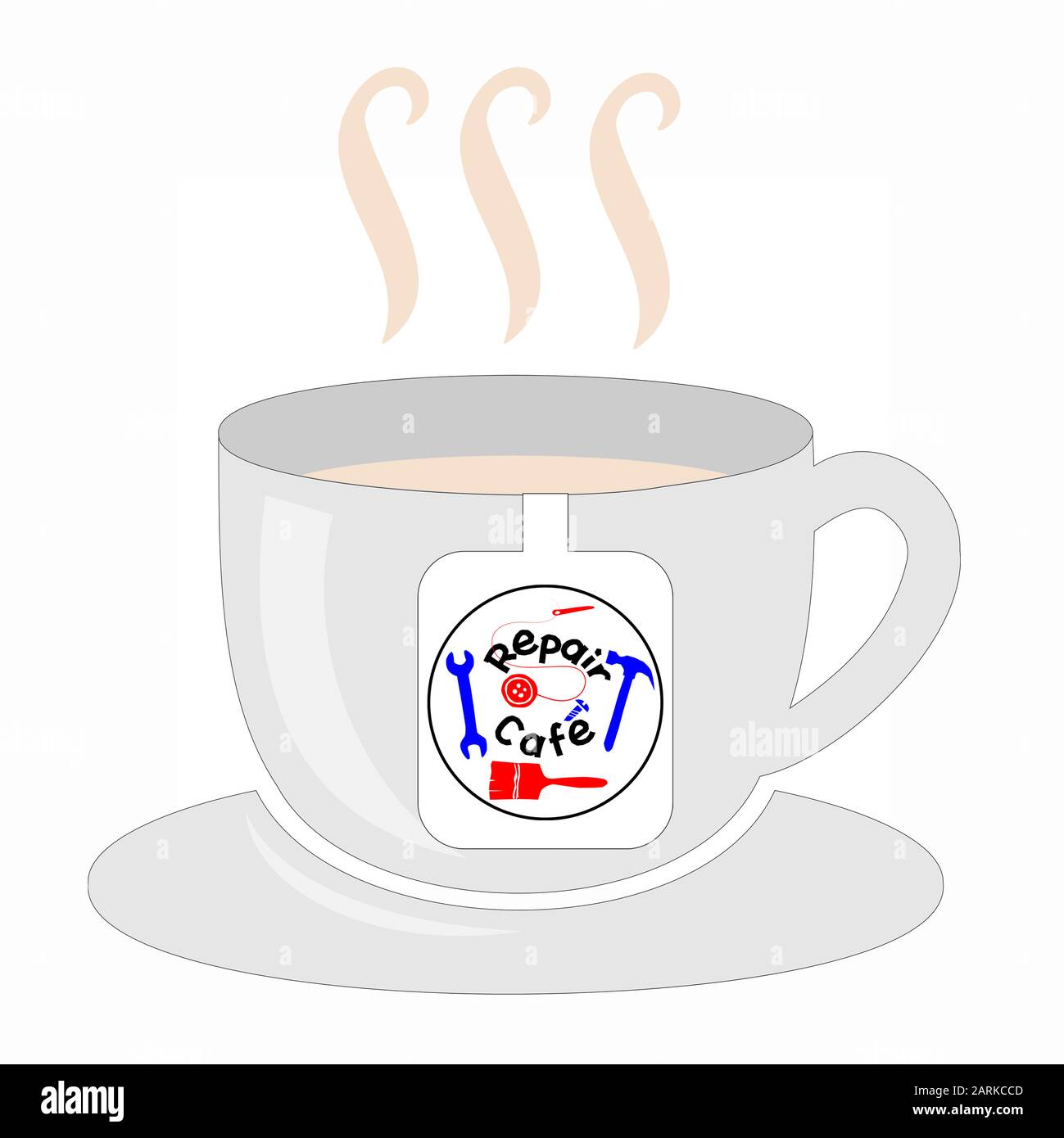 Illustration du logo Repair Cafe sur une tasse, activisme des consommateurs pour réparer les articles ménagers afin de réduire les déchets et de soutenir un style de vie durable Banque D'Images