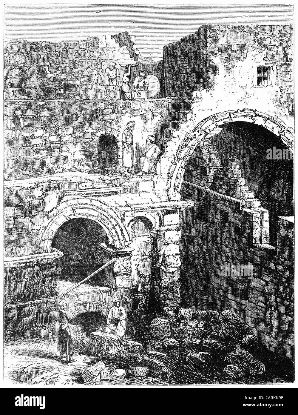 Gravure d'une porte triple-arquée construite par l'empereur Hadrien comme une entrée au forum oriental d'Amelia Capitolina, une colonie romaine construite sur les ruines de Jérusalem. La passerelle était connue comme l'arche homo ecce après le discours de Ponce Pilate à libérer Jésus pendant son procès (Jean 19:13) Banque D'Images