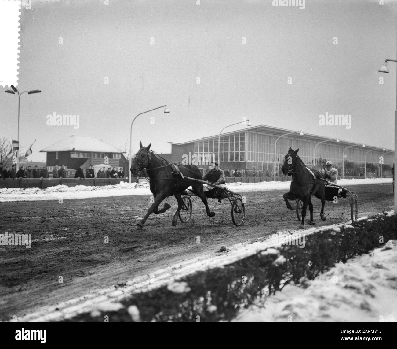 Trotting Hilversum à Troubadourprijs en premier. Kooiman avec le deuxième J. Wagenaar terroriste avec Sieger Date : 18 janvier 1959 lieu : Hilversum mots clés : trotting Banque D'Images