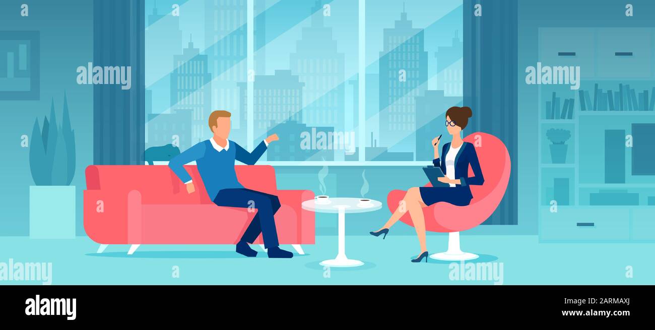 Vecteur d'un homme d'affaires assis sur un canapé ayant une réunion d'affaires de discussion avec une femme d'affaires ou secrétaire dans son bureau Illustration de Vecteur