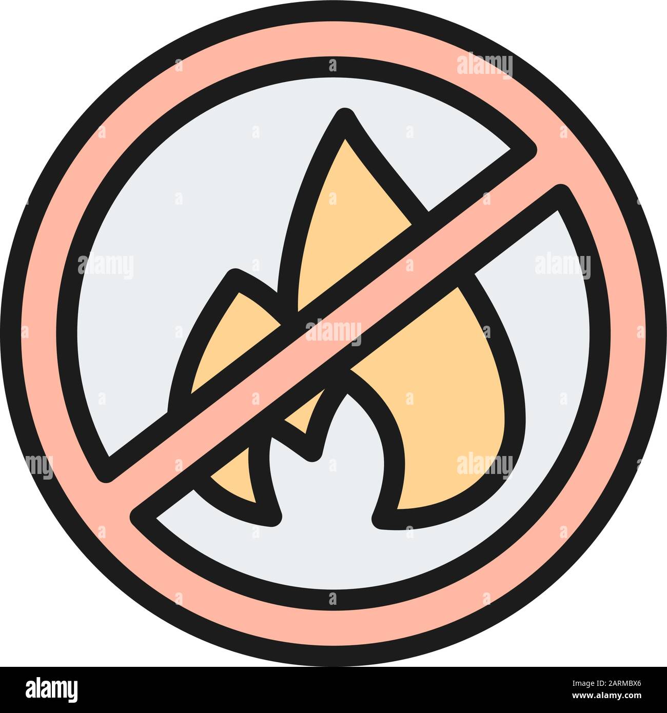 Signe interdit avec feu, lutte contre l'incendie, pas de feu plate icône de ligne de couleur. Illustration de Vecteur