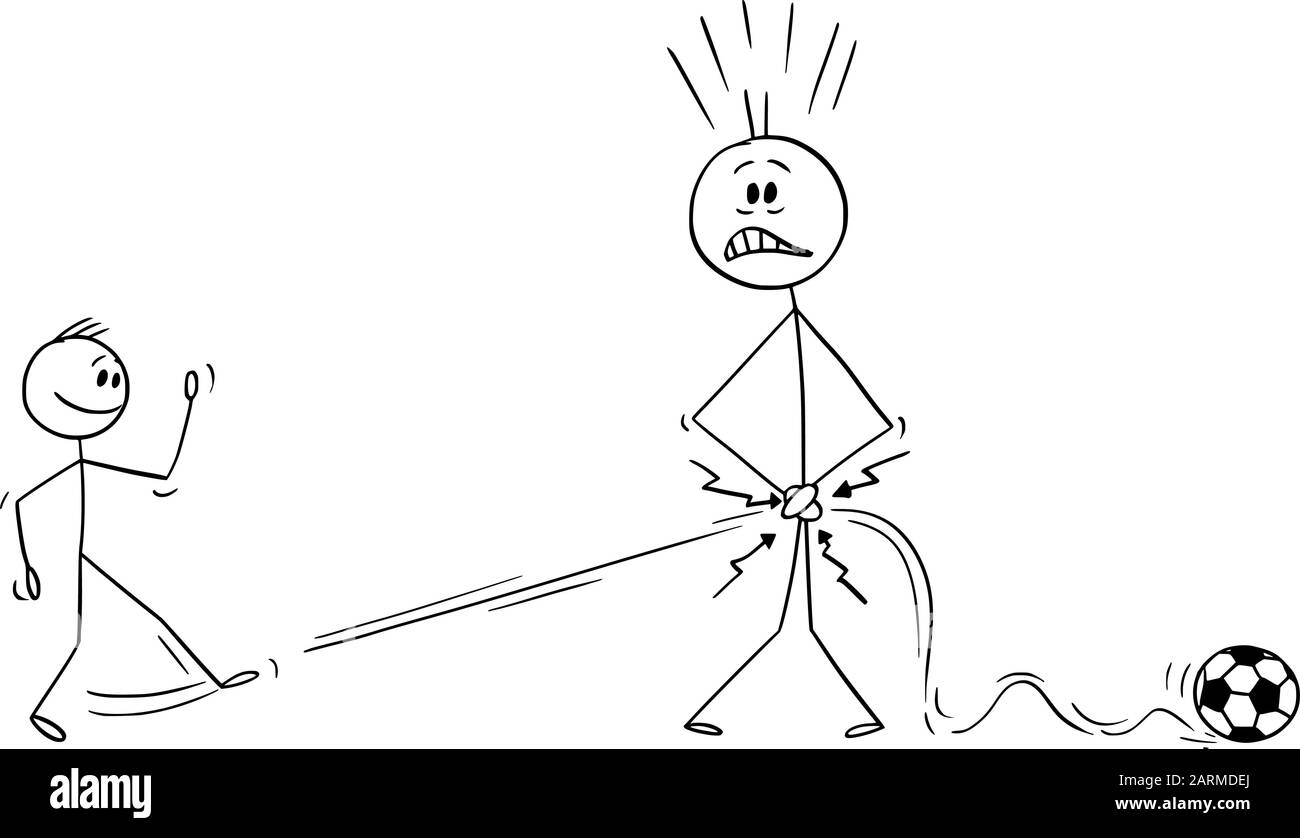Dessin de dessin de dessin de dessin de dessin de dessin de dessin conceptuel de père ou homme pleurs de football ou de football avec son fils et être frappé par le ballon dans le crotch. Troubles de la parentalité. Illustration de Vecteur