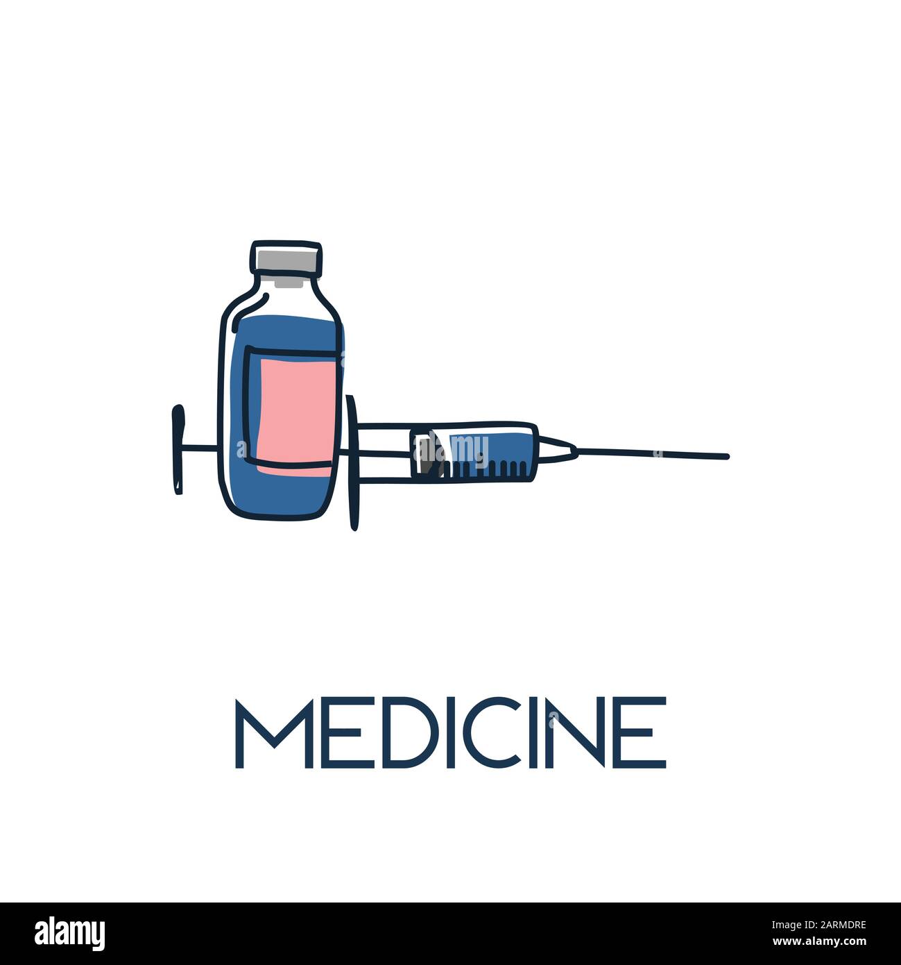 médecine - srynge et vaccin minimaliste hors ligne dessinée à la main medic plate illustration Illustration de Vecteur