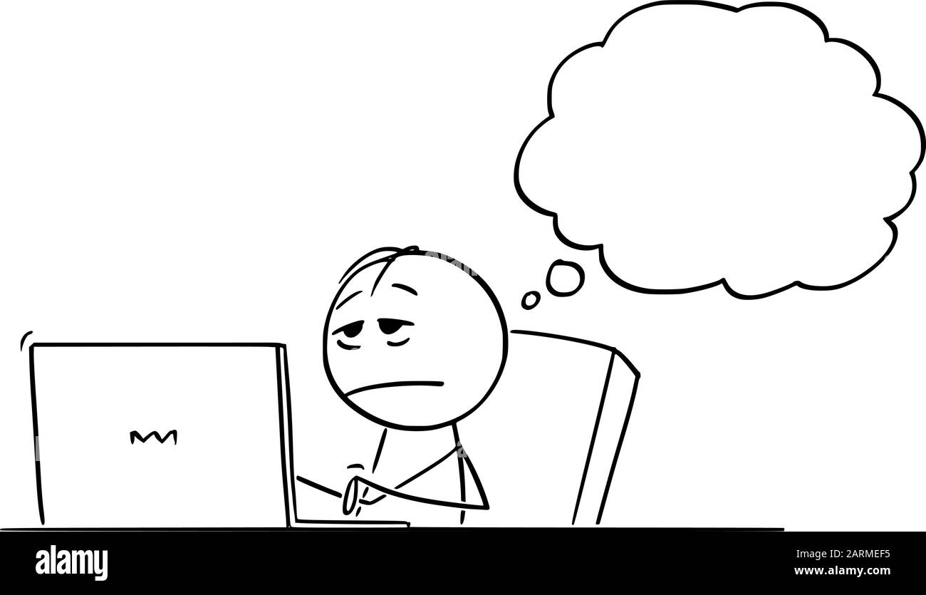 Dessin de dessin de dessin de dessin de dessin de dessin de dessin conceptuel de l'homme fatigué, stressé ou endormi surtravaillé ou homme d'affaires travaillant sur l'ordinateur et pensant à quelque chose. Illustration de Vecteur