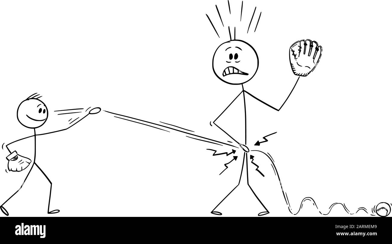Dessin de dessin de dessin de dessin de dessin de dessin de dessin conceptuel de père ou d'homme pleurs de baseball avec son fils et être frappé par balle dans le crotch. Troubles de la parentalité. Illustration de Vecteur