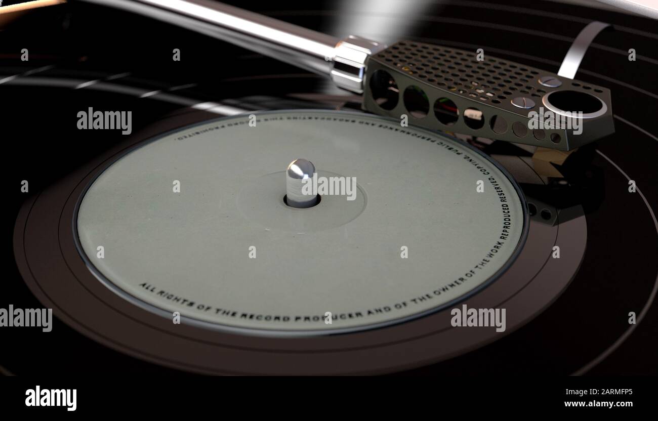 Une marque vintage turntable la lecture d'un disque vinyle générique sur un fond sombre rétroéclairé moody - 3D render Banque D'Images
