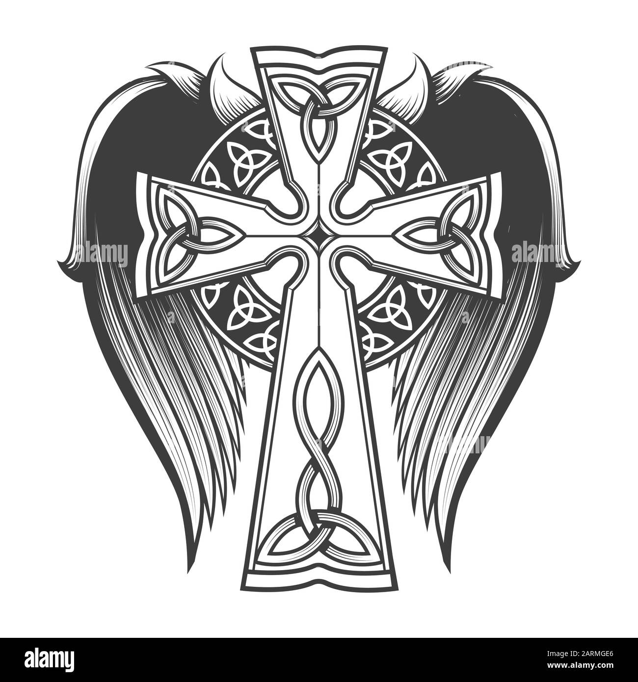 Traversez dans le style celtique avec de grandes ailes tattoo dans le style de gravure. Illustration vectorielle. Illustration de Vecteur